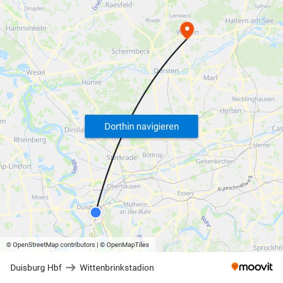 Duisburg Hbf to Wittenbrinkstadion map