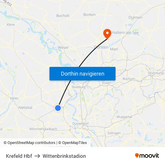 Krefeld Hbf to Wittenbrinkstadion map