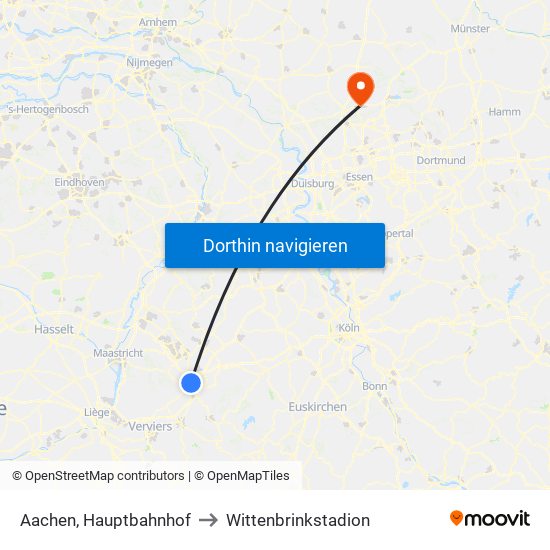 Aachen, Hauptbahnhof to Wittenbrinkstadion map