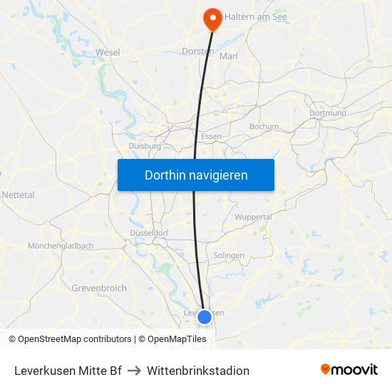 Leverkusen Mitte Bf to Wittenbrinkstadion map