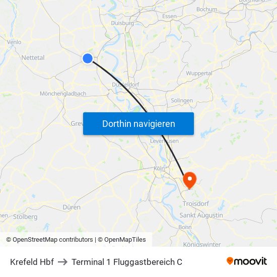 Krefeld Hbf to Terminal 1 Fluggastbereich C map