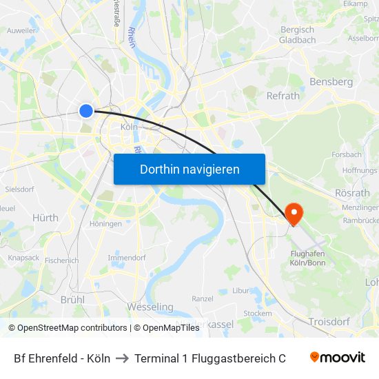 Bf Ehrenfeld - Köln to Terminal 1 Fluggastbereich C map