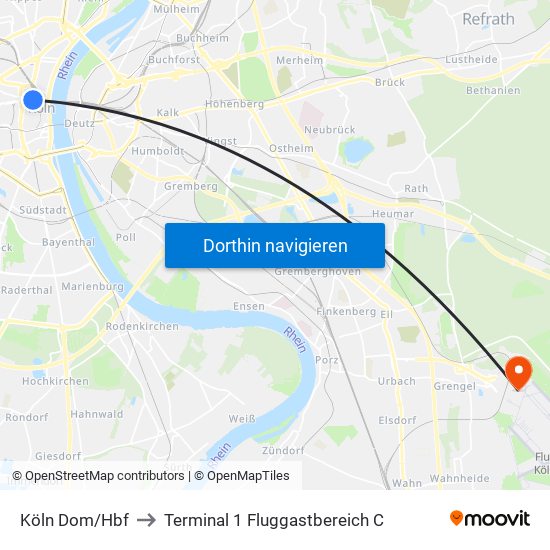 Köln Dom/Hbf to Terminal 1 Fluggastbereich C map