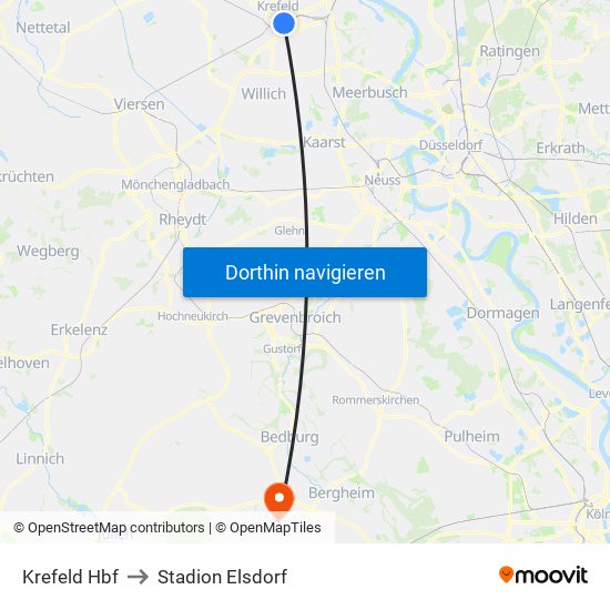 Krefeld Hbf to Stadion Elsdorf map