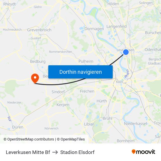 Leverkusen Mitte Bf to Stadion Elsdorf map