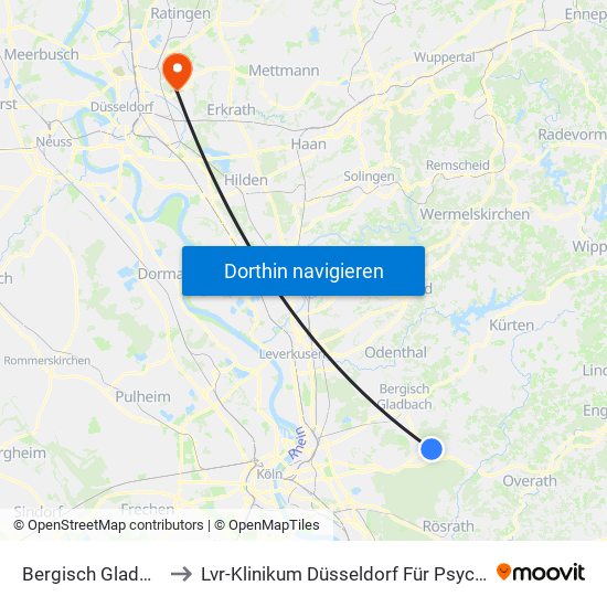 Bergisch Gladbach Bensberg to Lvr-Klinikum Düsseldorf Für Psychiatrie Und Psychotherapie map