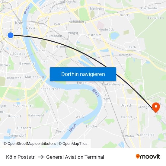 Köln Poststr. to General Aviation Terminal map