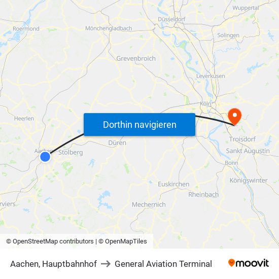 Aachen, Hauptbahnhof to General Aviation Terminal map