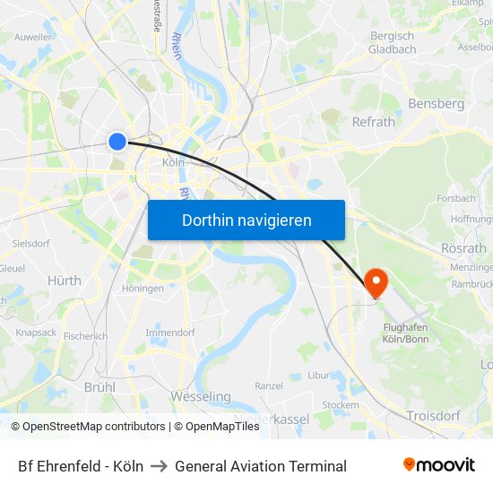 Bf Ehrenfeld - Köln to General Aviation Terminal map