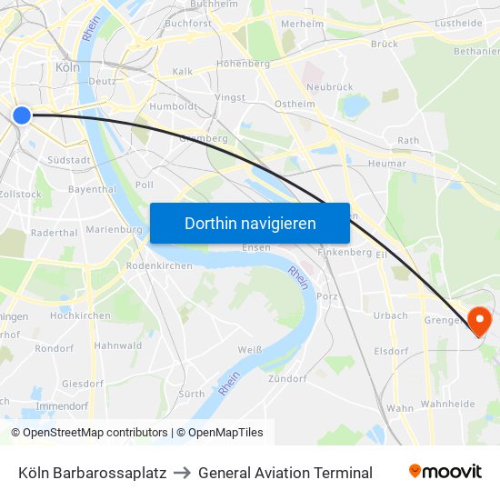 Köln Barbarossaplatz to General Aviation Terminal map