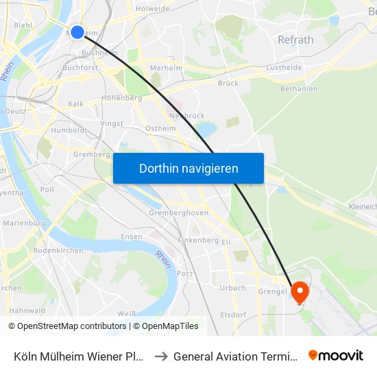 Köln Mülheim Wiener Platz to General Aviation Terminal map