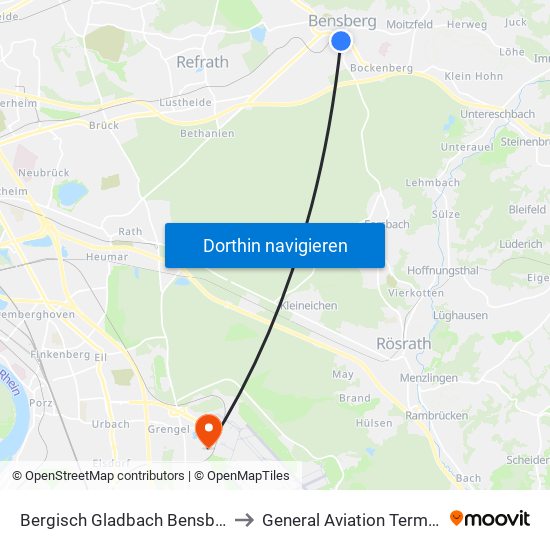 Bergisch Gladbach Bensberg to General Aviation Terminal map