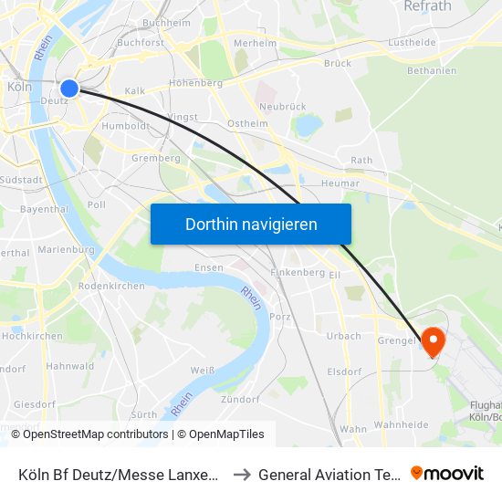 Köln Bf Deutz/Messe Lanxess Arena to General Aviation Terminal map
