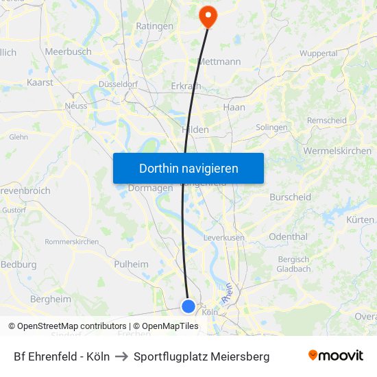 Bf Ehrenfeld - Köln to Sportflugplatz Meiersberg map