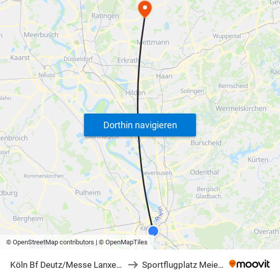 Köln Bf Deutz/Messe Lanxess Arena to Sportflugplatz Meiersberg map