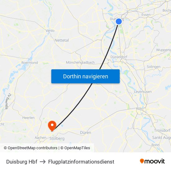 Duisburg Hbf to Flugplatzinformationsdienst map