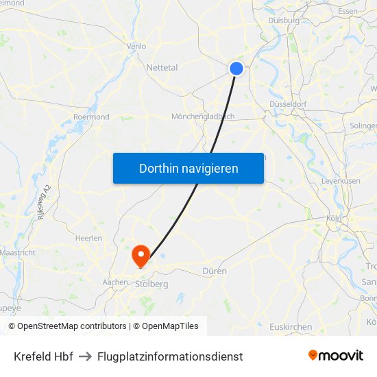 Krefeld Hbf to Flugplatzinformationsdienst map