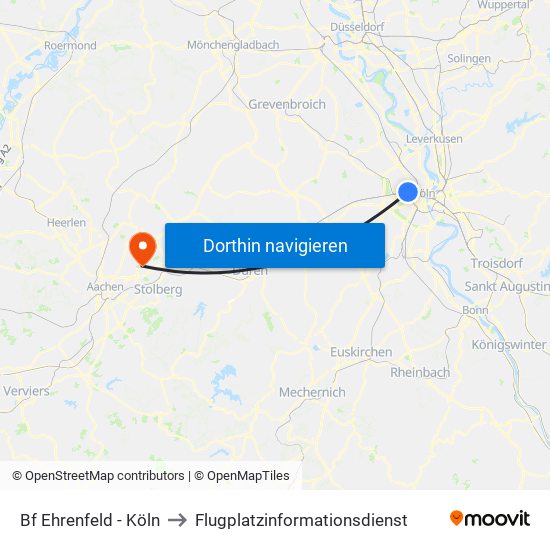 Bf Ehrenfeld - Köln to Flugplatzinformationsdienst map
