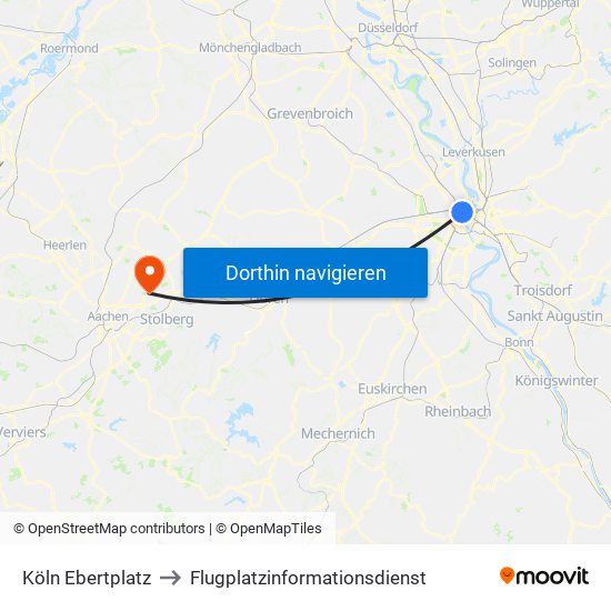 Köln Ebertplatz to Flugplatzinformationsdienst map