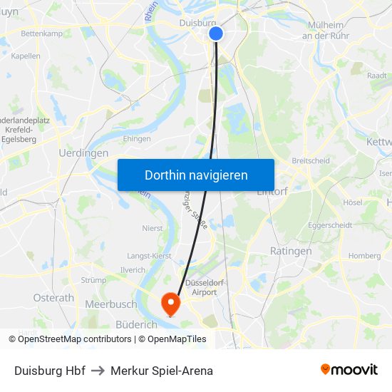 Duisburg Hbf to Merkur Spiel-Arena map