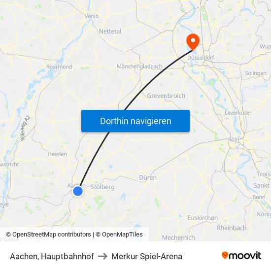 Aachen, Hauptbahnhof to Merkur Spiel-Arena map