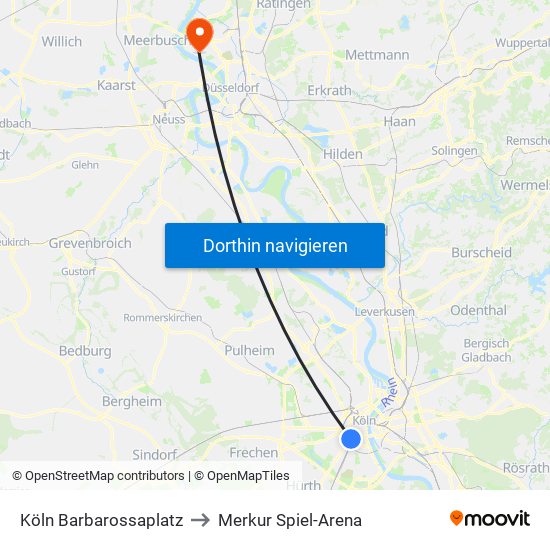 Köln Barbarossaplatz to Merkur Spiel-Arena map