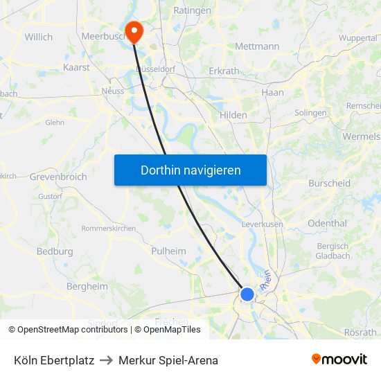 Köln Ebertplatz to Merkur Spiel-Arena map