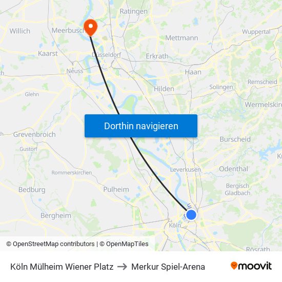 Köln Mülheim Wiener Platz to Merkur Spiel-Arena map