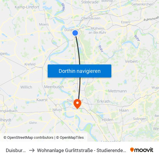 Duisburg Hbf to Wohnanlage Gurlittstraße - Studierendenwerk Düsseldorf map