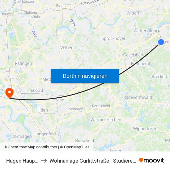 Hagen Hauptbahnhof to Wohnanlage Gurlittstraße - Studierendenwerk Düsseldorf map