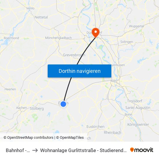 Bahnhof - Düren to Wohnanlage Gurlittstraße - Studierendenwerk Düsseldorf map