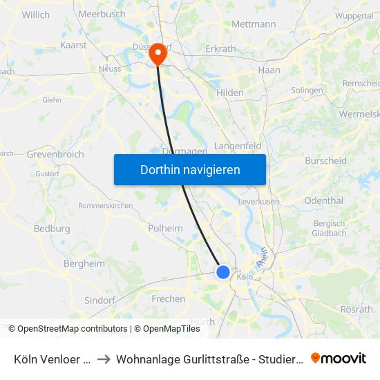 Köln Venloer Str./Gürtel to Wohnanlage Gurlittstraße - Studierendenwerk Düsseldorf map
