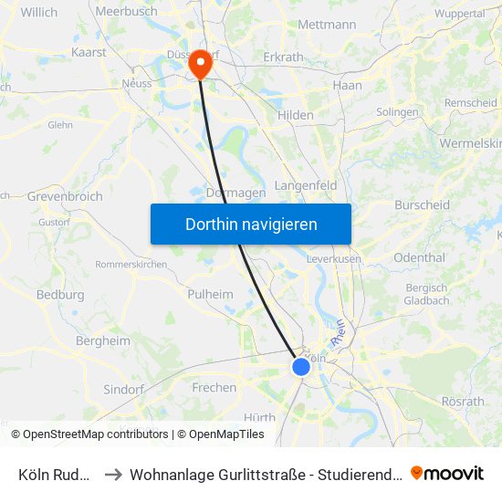 Köln Rudolfplatz to Wohnanlage Gurlittstraße - Studierendenwerk Düsseldorf map