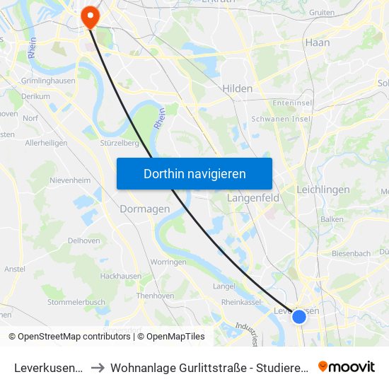 Leverkusen Mitte Bf to Wohnanlage Gurlittstraße - Studierendenwerk Düsseldorf map