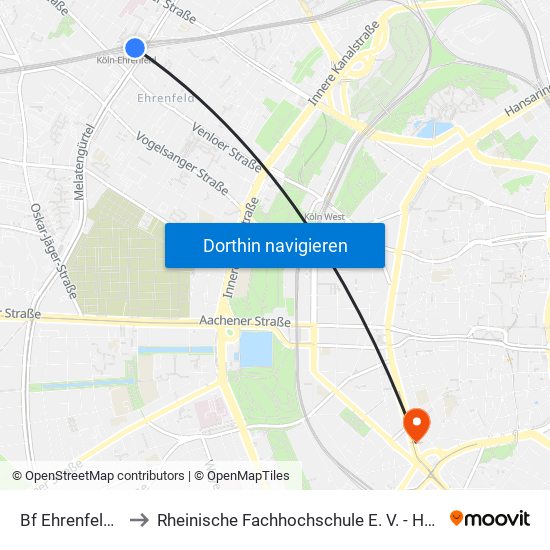 Bf Ehrenfeld - Köln to Rheinische Fachhochschule E. V. - Hohenstaufenring map