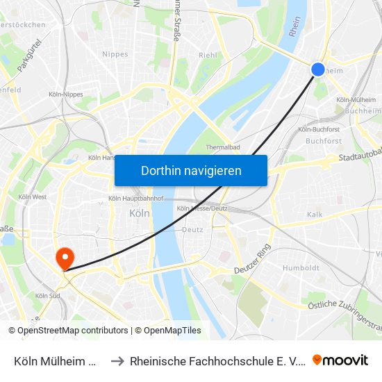 Köln Mülheim Wiener Platz to Rheinische Fachhochschule E. V. - Hohenstaufenring map