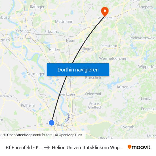 Bf Ehrenfeld - Köln to Helios Universitätsklinkum Wuppertal map