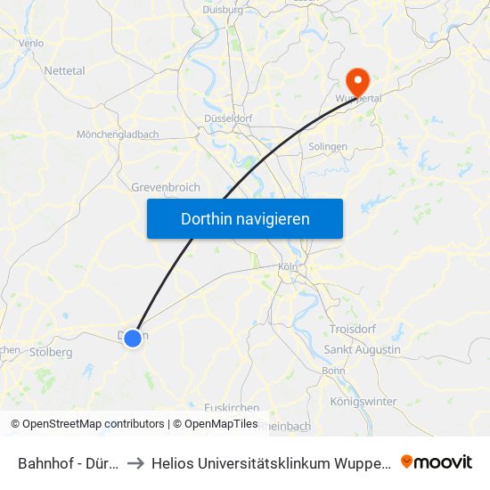 Bahnhof - Düren to Helios Universitätsklinkum Wuppertal map