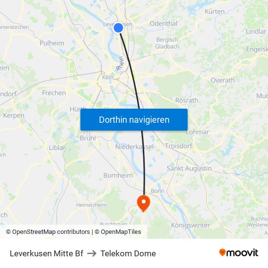 Leverkusen Mitte Bf to Telekom Dome map