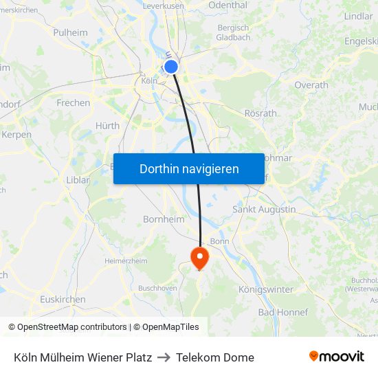 Köln Mülheim Wiener Platz to Telekom Dome map