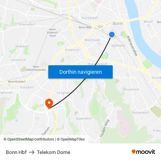 Bonn Hbf to Telekom Dome map