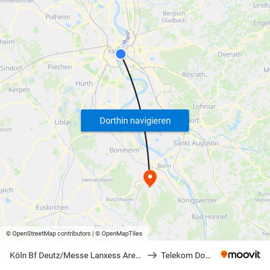 Köln Bf Deutz/Messe Lanxess Arena to Telekom Dome map