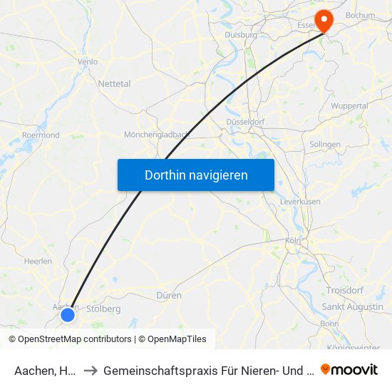 Aachen, Hauptbahnhof to Gemeinschaftspraxis Für Nieren- Und Hochdruckkrankheiten Essen - Steele map