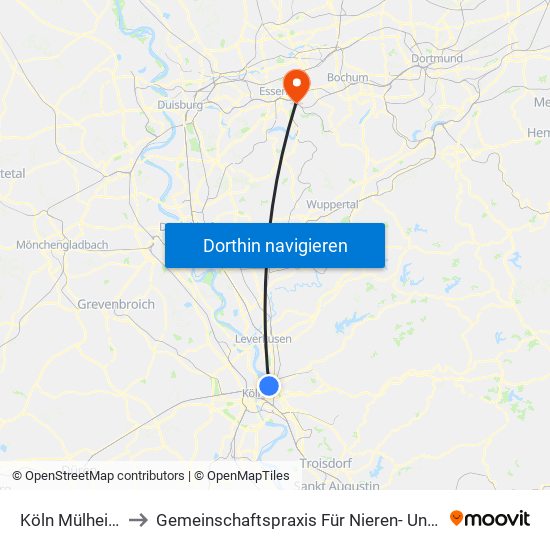 Köln Mülheim Wiener Platz to Gemeinschaftspraxis Für Nieren- Und Hochdruckkrankheiten Essen - Steele map