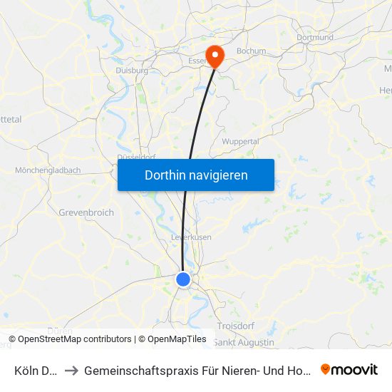 Köln Dom/Hbf to Gemeinschaftspraxis Für Nieren- Und Hochdruckkrankheiten Essen - Steele map