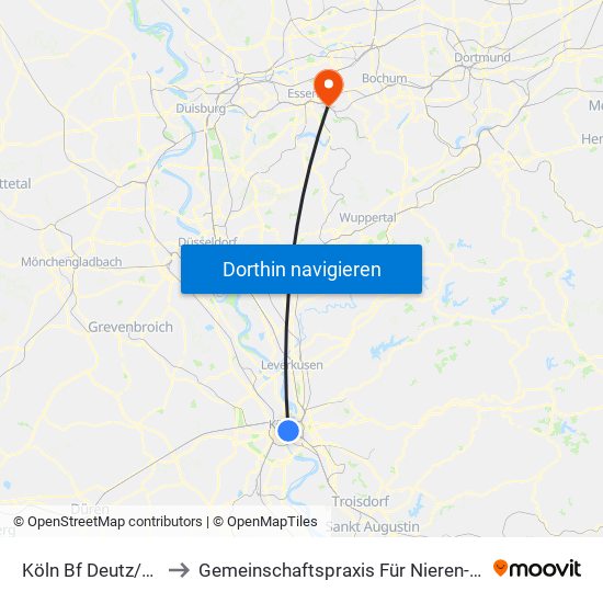Köln Bf Deutz/Messe Lanxess Arena to Gemeinschaftspraxis Für Nieren- Und Hochdruckkrankheiten Essen - Steele map