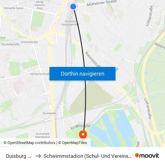 Duisburg Hbf to Schwimmstadion (Schul- Und Vereinssport) map