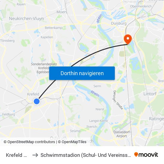Krefeld Hbf to Schwimmstadion (Schul- Und Vereinssport) map
