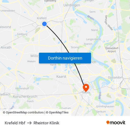 Krefeld Hbf to Rheintor-Klinik map