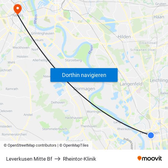Leverkusen Mitte Bf to Rheintor-Klinik map